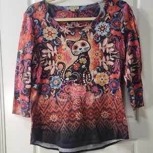 Energe Sugar Skull Cat Print Long Sleeve Top Medium